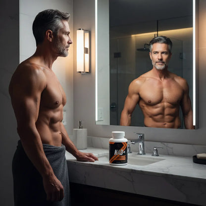 Man looking in mirror with Super Style NAD+ supplement bottle on counter