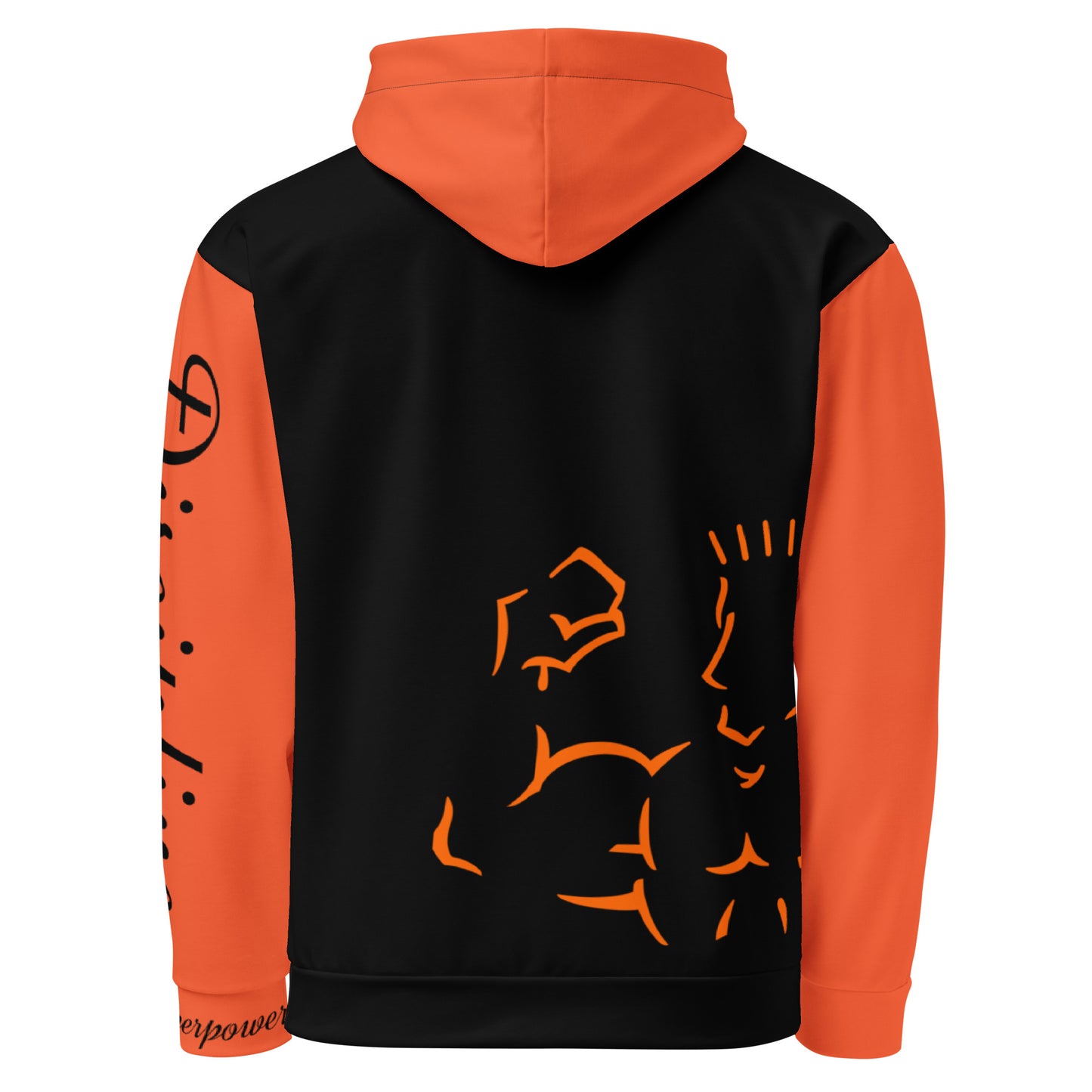 Black and orange hoodie with graphic designs on a white background