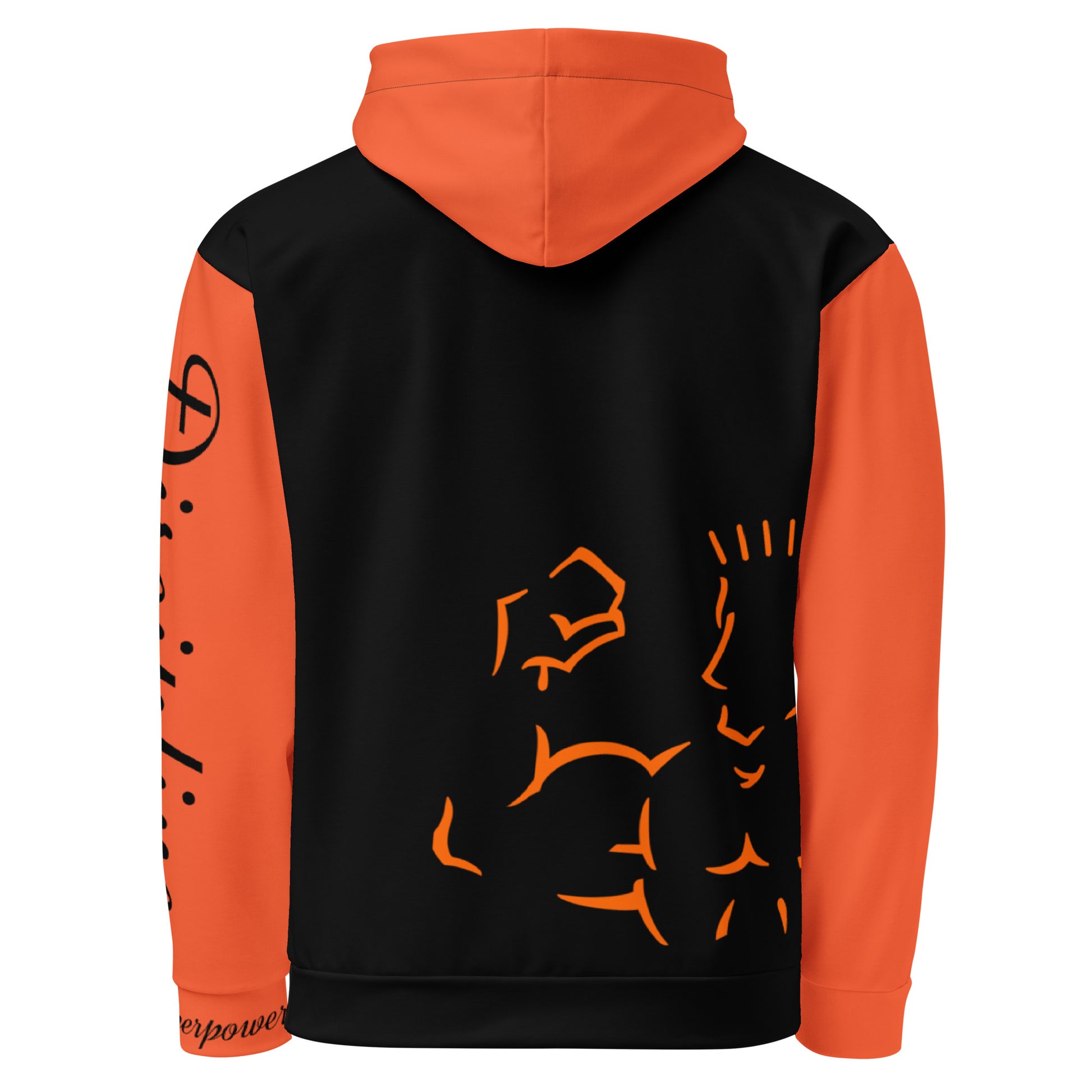 Black and orange hoodie with graphic designs on a white background