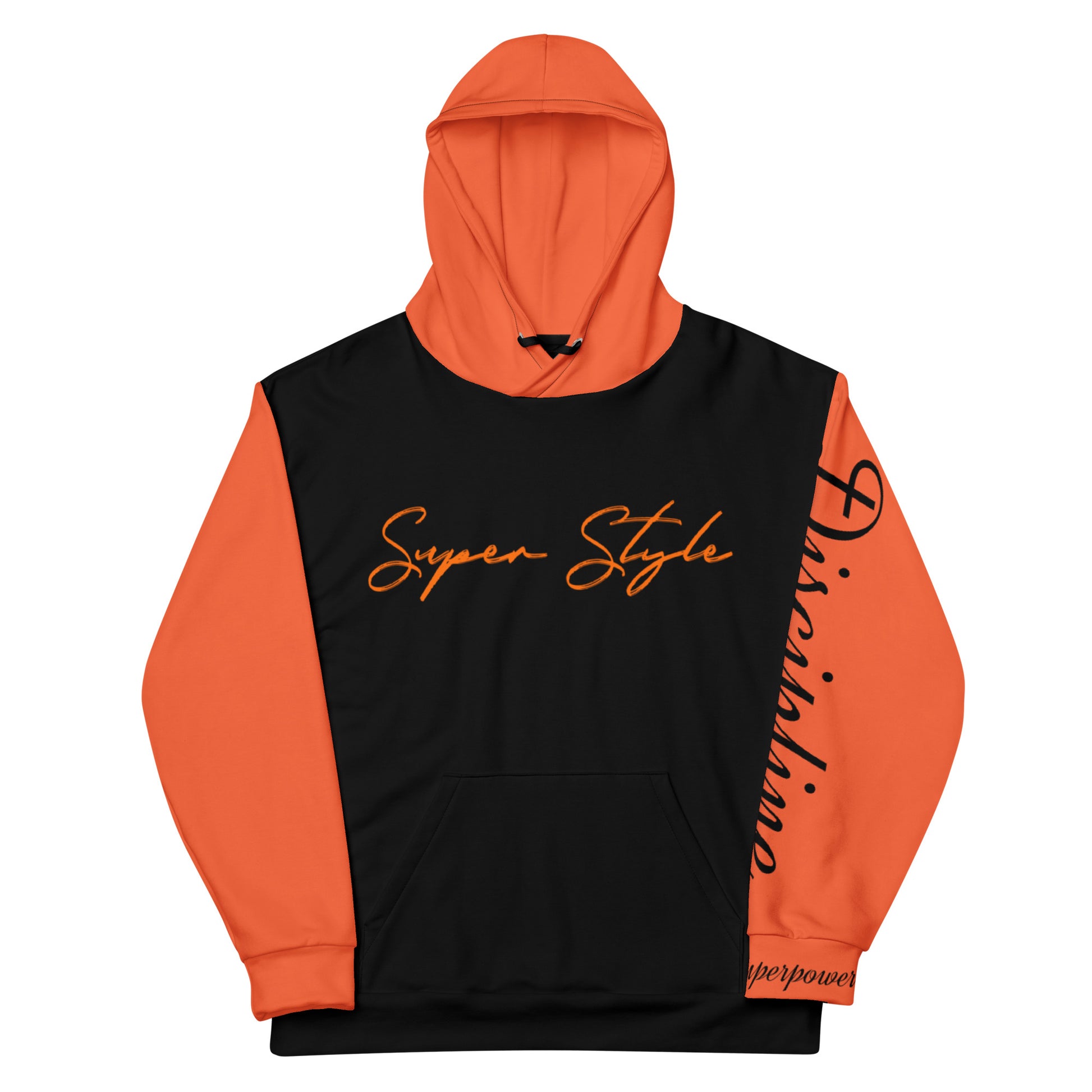 Orange and black hoodie with text on a white background