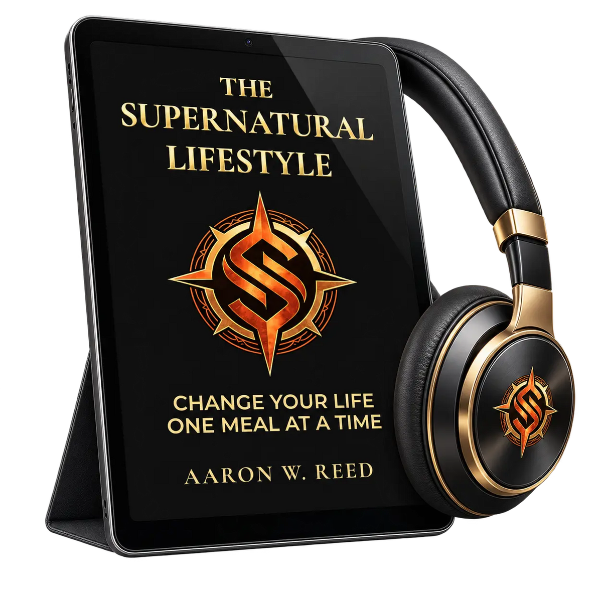 Angled view of a tablet standing on a case next to luxury black and gold-trimmed headphones featuring The Supernatural Lifestyle branding by Aaron W Reed.