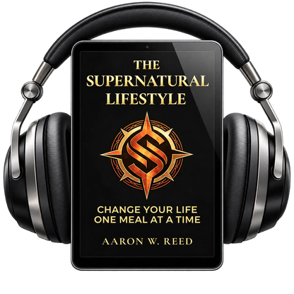 Front-facing mockup of The Supernatural Lifestyle audiobook displayed on a tablet surrounded by premium over-ear headphones by Aaron W Reed.