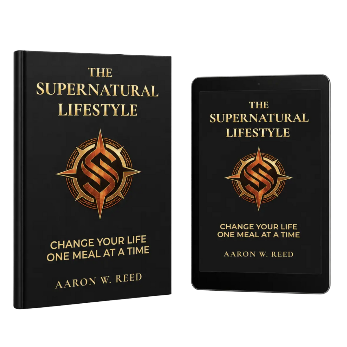 Mockup of The Supernatural Lifestyle book and digital ebook reader by Aaron W Reed featuring a black cover with a golden compass design.