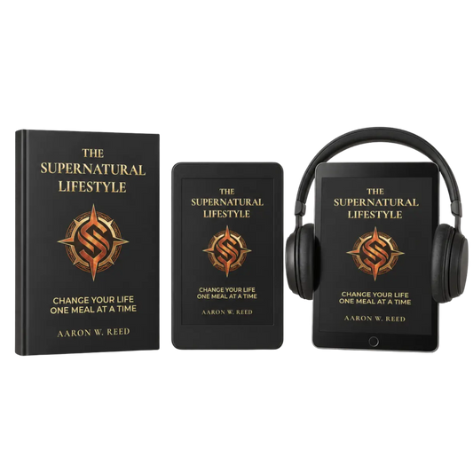 Complete media package of The Supernatural Lifestyle by Aaron W Reed showing a hardcover book, e-reader, and audiobook with headphones side by side.