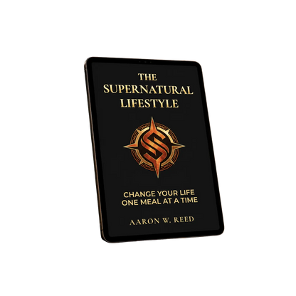 Angled view mockup of a digital tablet displaying The Supernatural Lifestyle e-book by Aaron W Reed against a white background.
