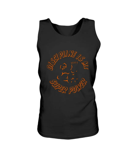 Black Super Style tank with ‘Discipline Is My Super Power’ orange graphic — front view.