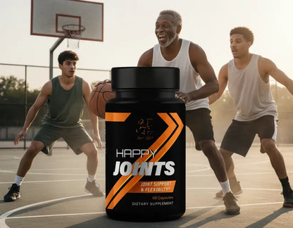 Super Style Happy Joints supplement bottle with basketball players on outdoor court promoting joint support and flexibility