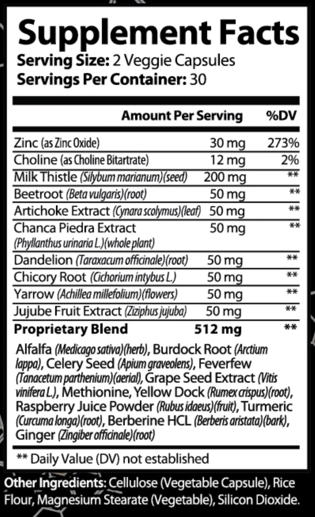Supplement Facts label for Super Style Liver Support veggie capsules