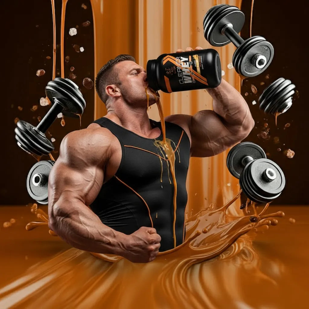 Muscular man holding a supplement bottle and weights with a brown liquid splash in the background